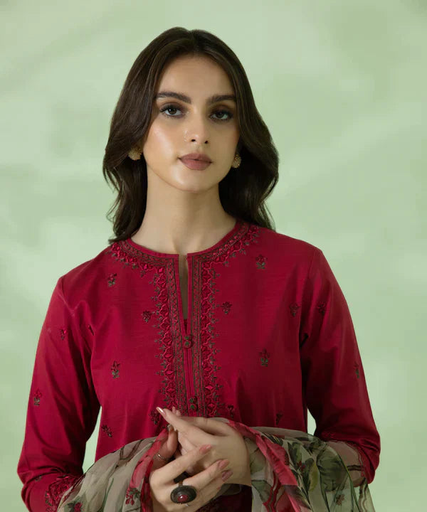 3PC Lawn Embroidered Shirt With Organza Printed Dupatta-1052 -fashion