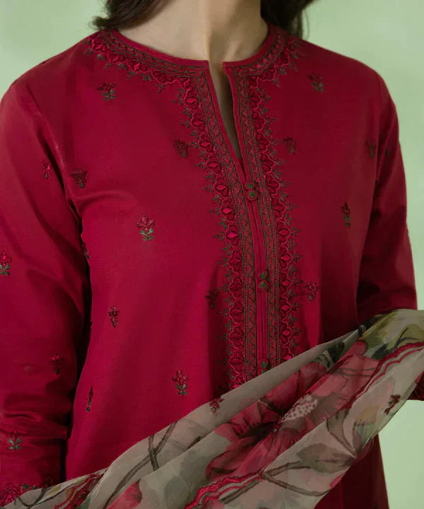 3PC Lawn Embroidered Shirt With Organza Printed Dupatta-1052 -fashion