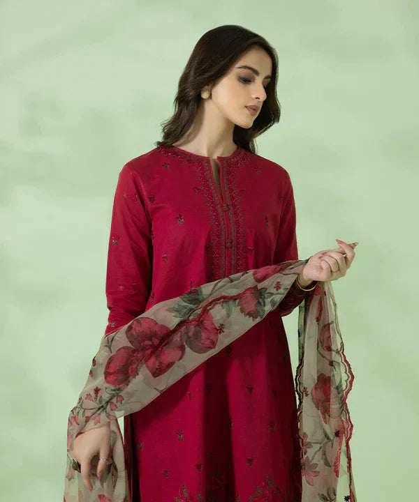 3PC Lawn Embroidered Shirt With Organza Printed Dupatta-1052 -fashion