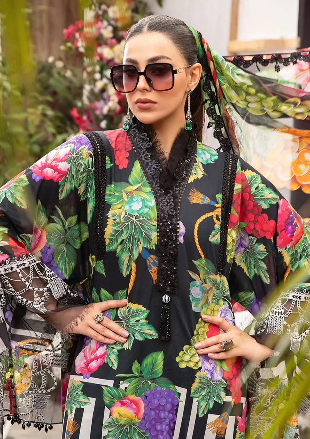 3PC-Printed Lawn Zarri Shirt With Voile Printed Dupatta-1523 -fashion