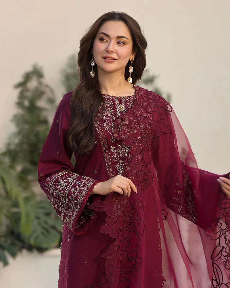Lawn-3PC Embroidered Shirt with Organza Embroidered Dupatta- 1351 -fashion