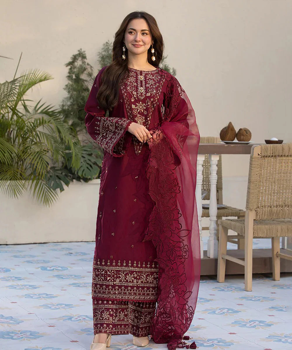 Lawn-3PC Embroidered Shirt with Organza Embroidered Dupatta- 1351 -fashion