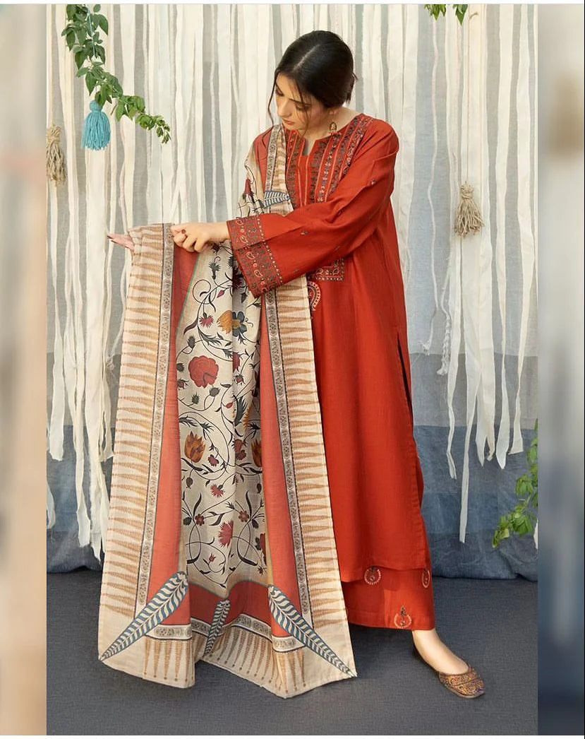 Lawn 3PC Embroidered Shirt with Digital Printed Dupatta-1192 -fashion
