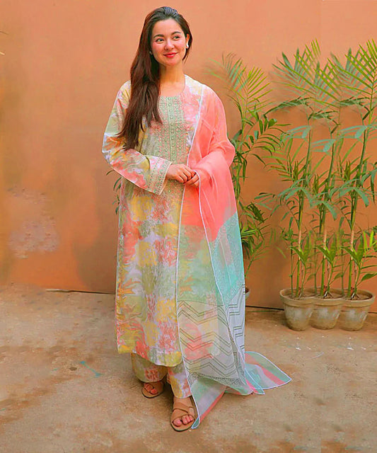 3PC-Printed Lawn Shirt With Voile Printed Dupatta-1552 -fashion