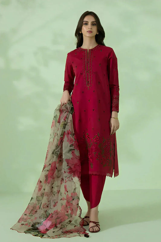 3PC Lawn Embroidered Shirt With Organza Printed Dupatta-1052 -fashion
